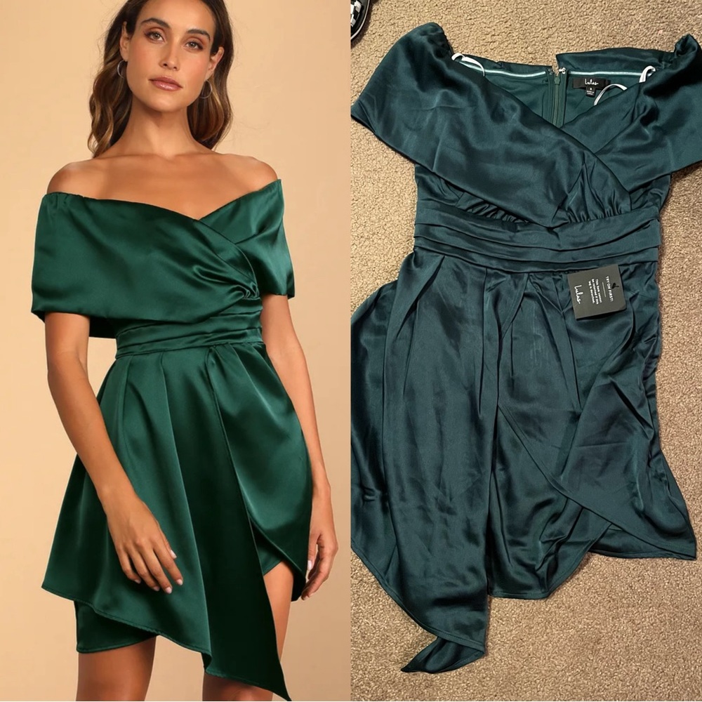 NWT Lulu’s Always Celebrating Dark Green Satin Off-the-Shoulder Mini Dress